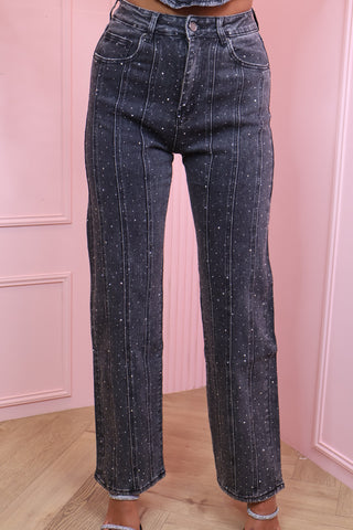 Silver diamond stones denim jeans dark grey 3028