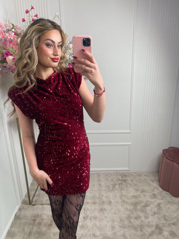 noa pailletten shoulder dress bordeaux red