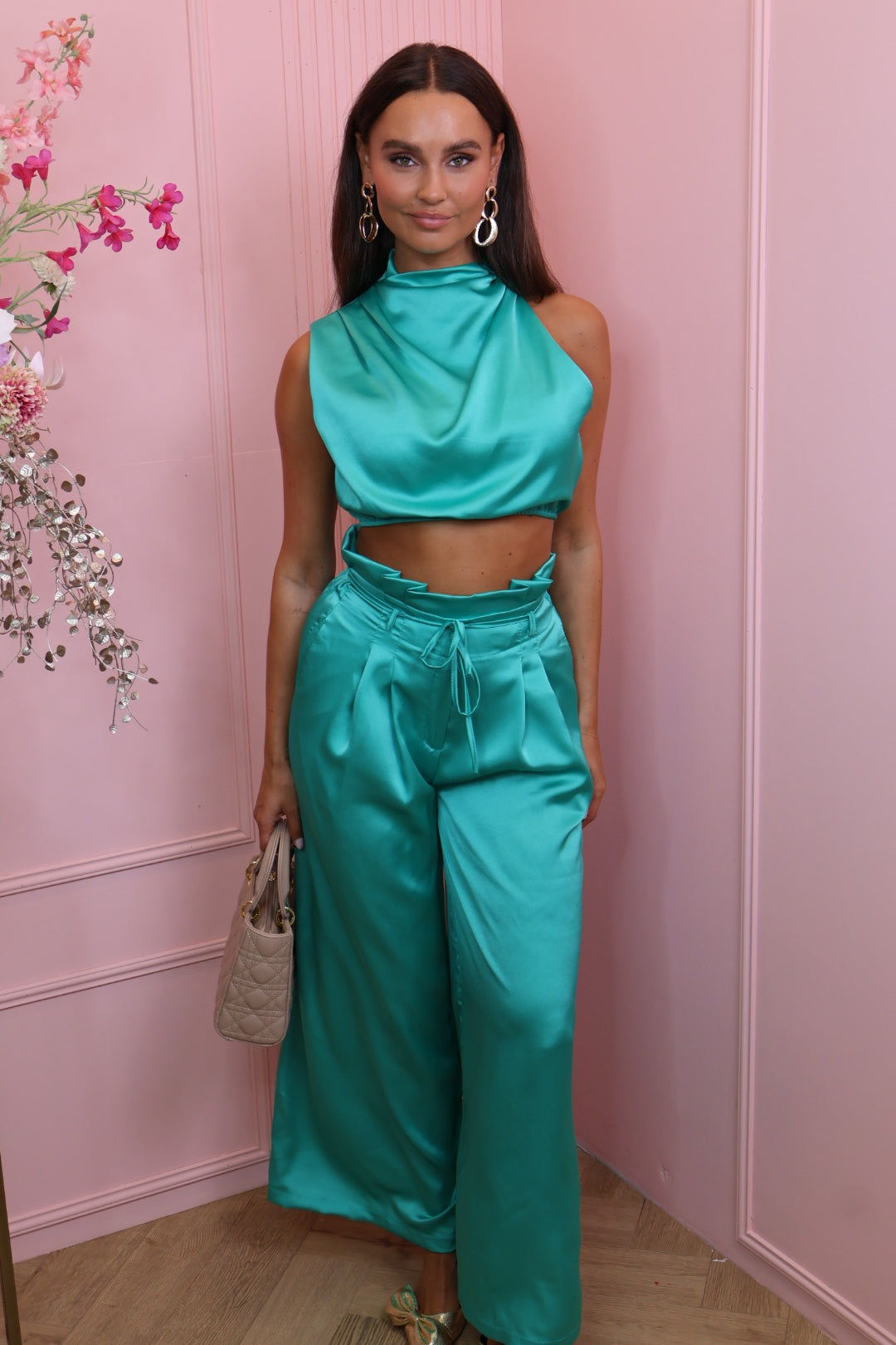 nicole satin two pieces set green
