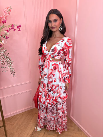 Santorini long open side dress red/white
