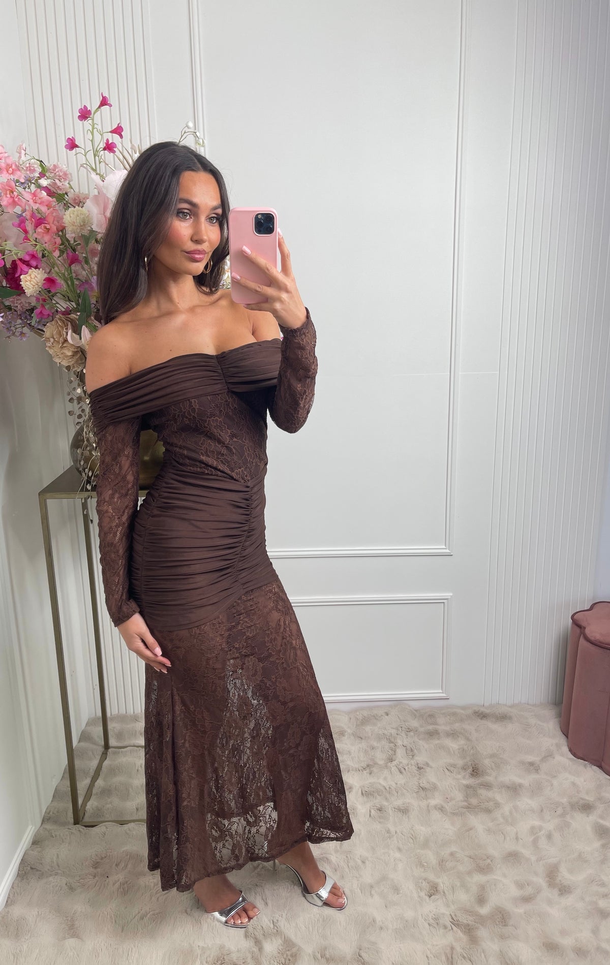 maxi off shoulder lace dress brown