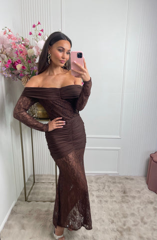 maxi off shoulder lace dress brown
