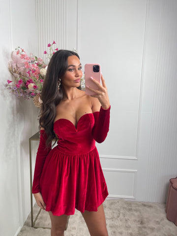 Esther off shoulder velvet dress red