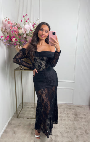 maxi off shoulder lace dress black