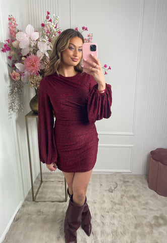 Amy bordeaux red draped print dress