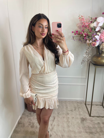 Livia silver detail ruffle dress beige