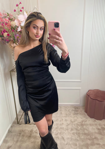 open shoulder satin dress black