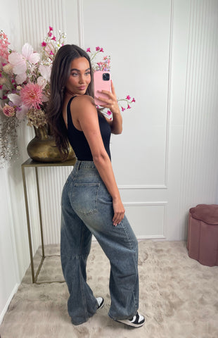 wide leg washed denim blue jeans