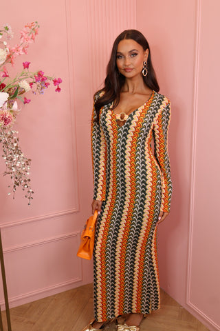 gold detail long zig zag dress orange/khaki