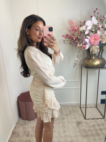 Livia silver detail ruffle dress beige