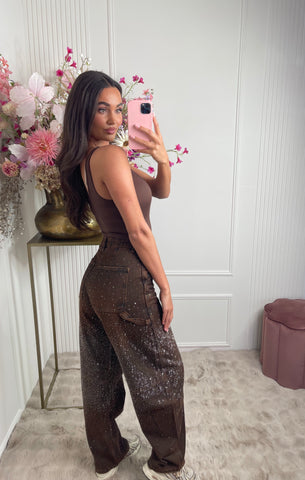 brown sparkle cargo denim jeans A3869