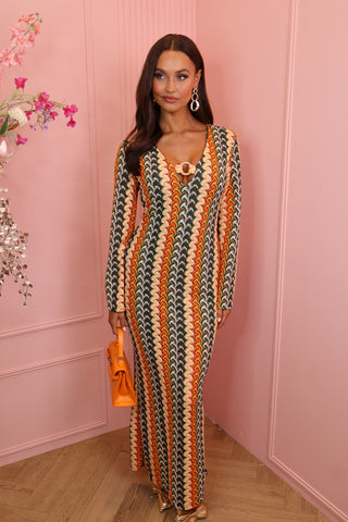 gold detail long zig zag dress orange/khaki