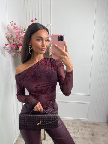open shoulder print body bordeaux red