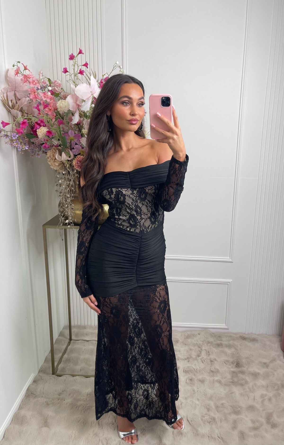 maxi off shoulder lace dress black