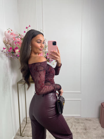 open shoulder print body bordeaux red