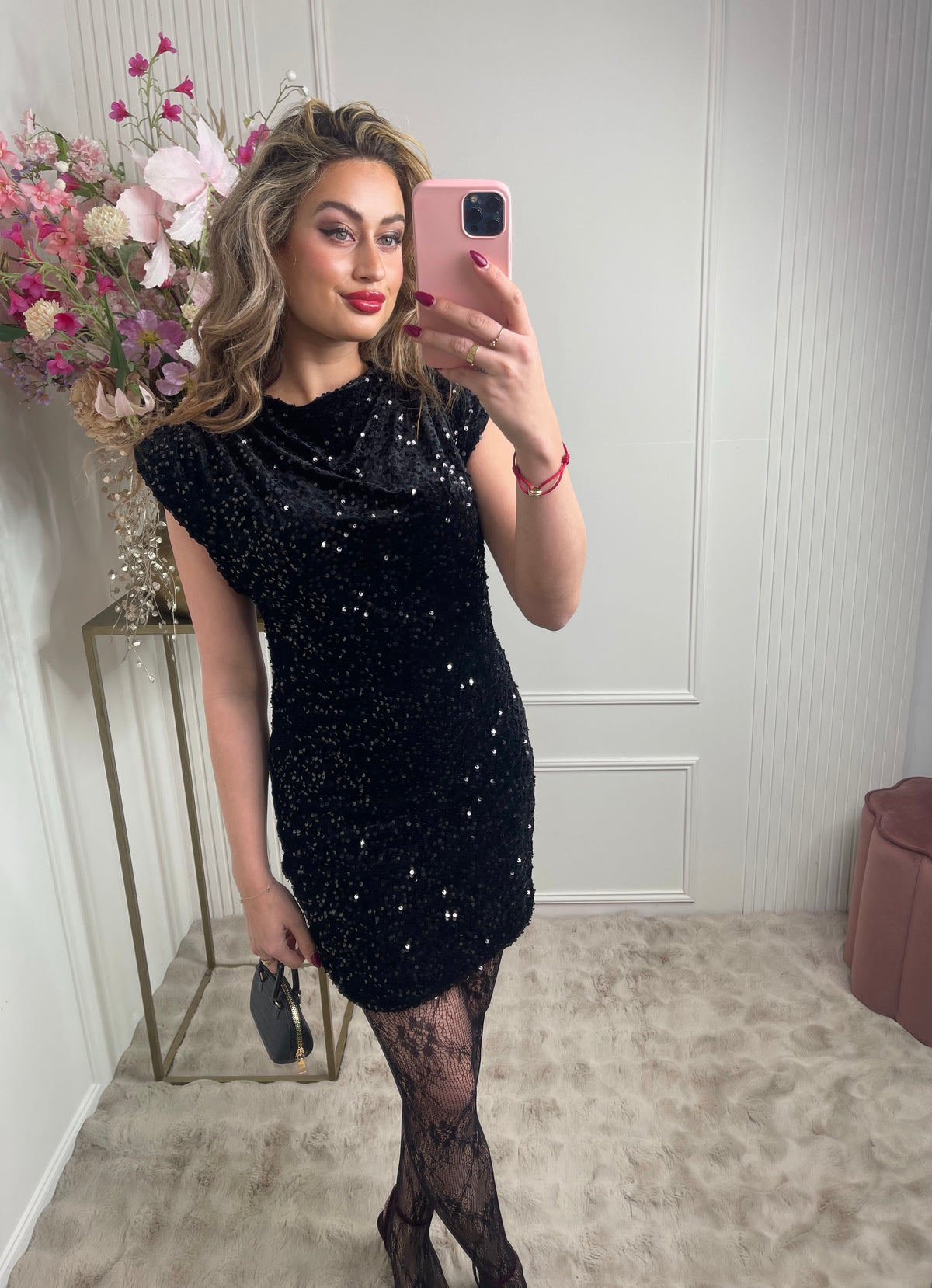 noa pailletten shoulder dress black