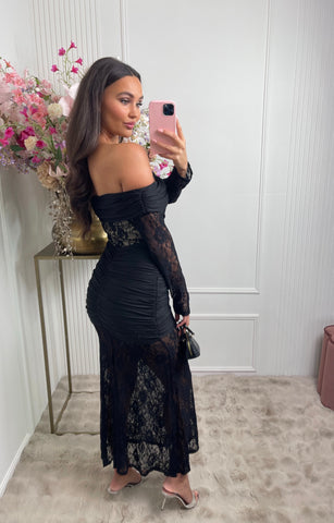 maxi off shoulder lace dress black