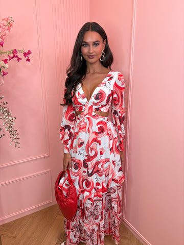 Santorini long open side dress red/white
