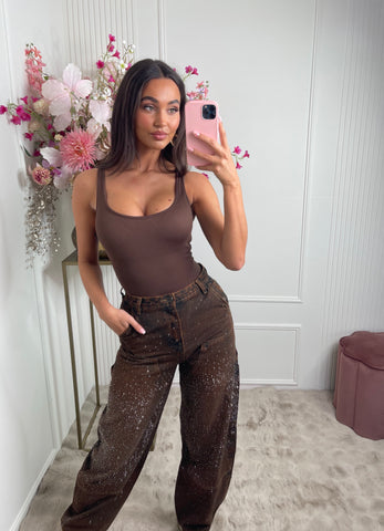 brown sparkle cargo denim jeans A3869