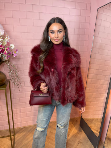 faux fur jacket bordeaux red