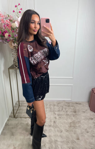 denim baseball lace sweater brown