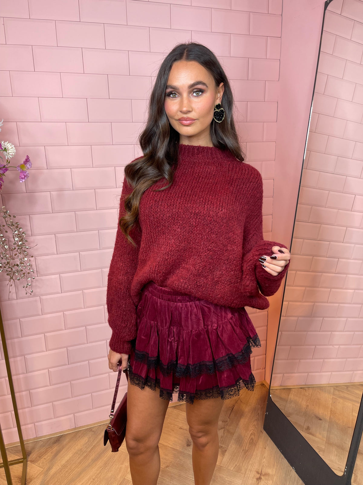 velvet ruffle skort bordeaux red