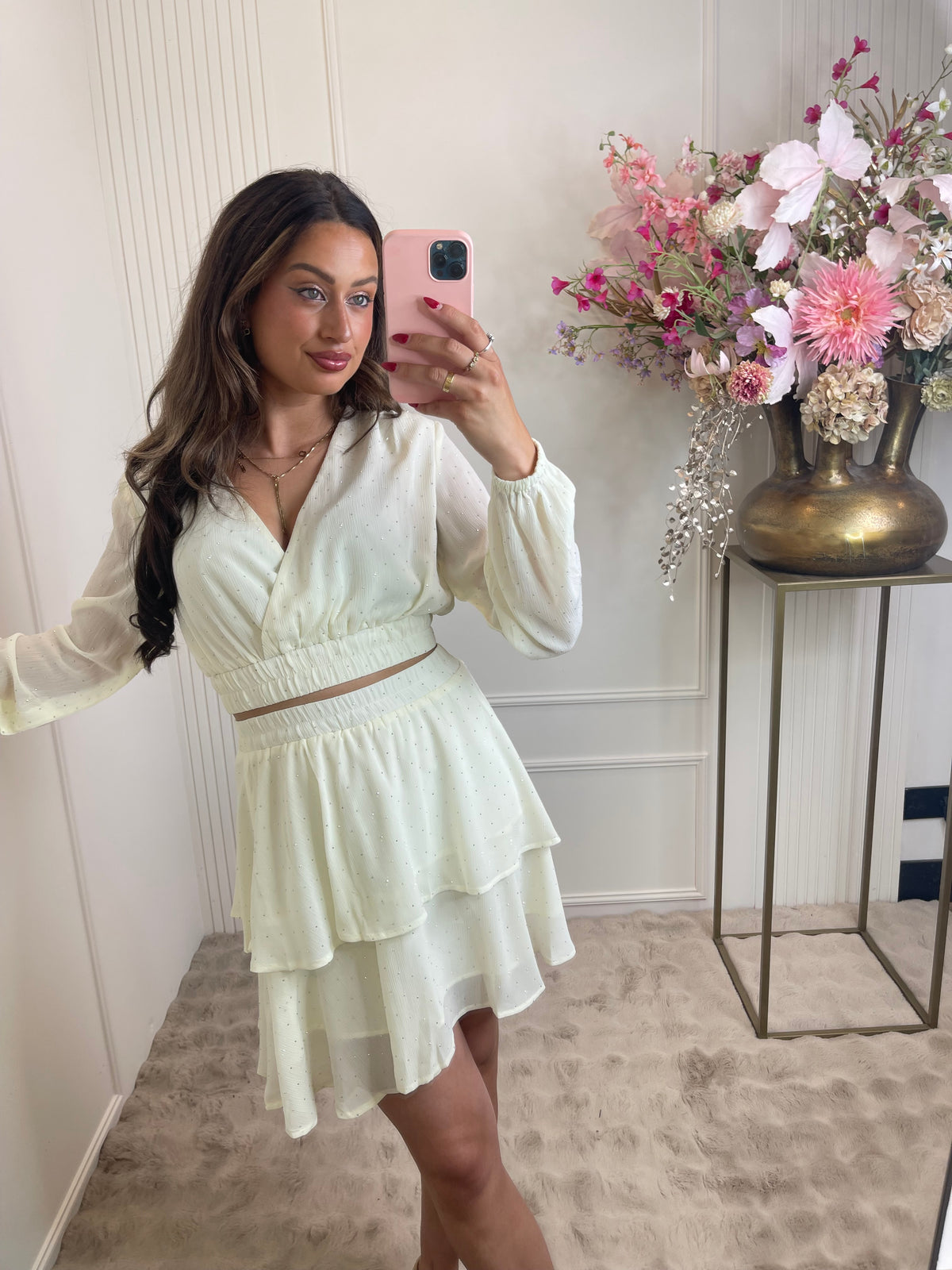 Silver diamond dots long sleeve top creme