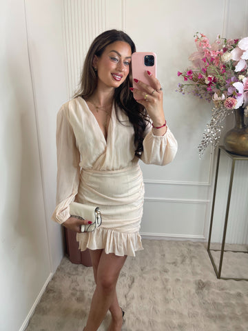 Livia silver detail ruffle dress beige