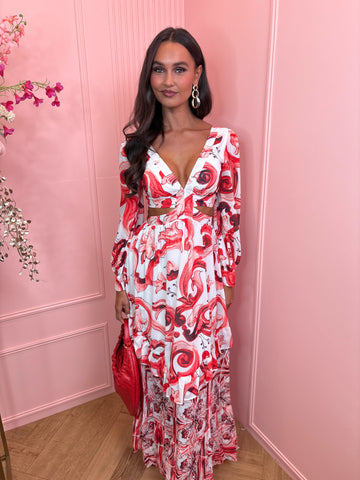Santorini long open side dress red/white