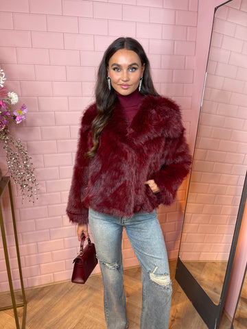 faux fur jacket bordeaux red