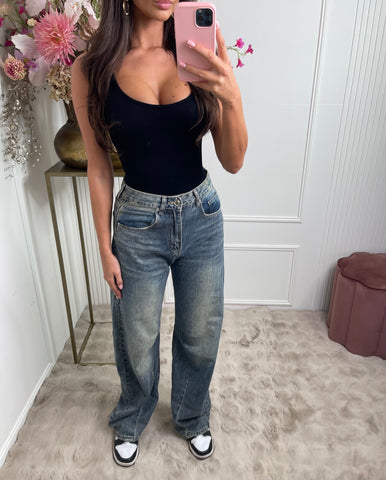 wide leg washed denim blue jeans