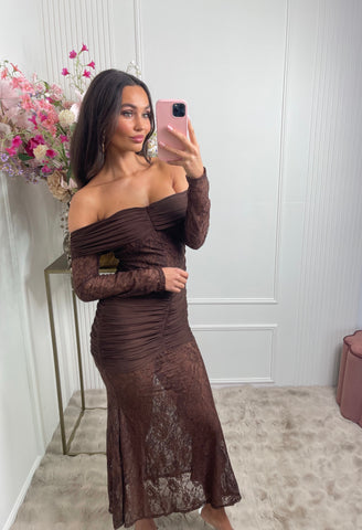 maxi off shoulder lace dress brown