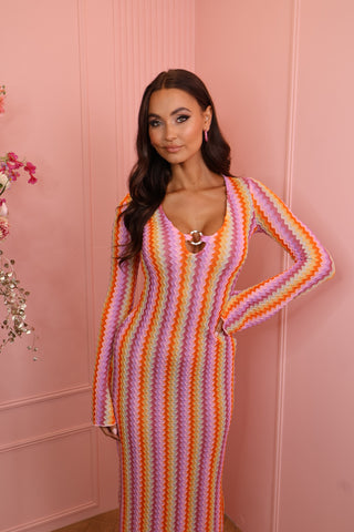 zig zag long dress with gold detail pink/orange