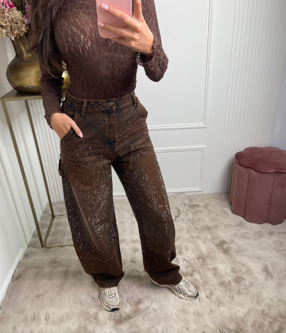 brown sparkle cargo denim jeans A3869