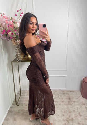 maxi off shoulder lace dress brown