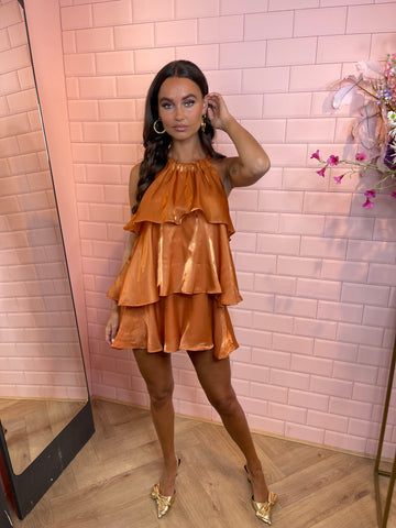 all over satin ruffle dress orange