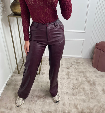 leather snake print pants bordeaux red