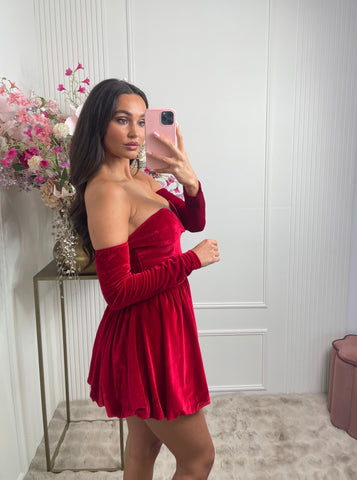 Esther off shoulder velvet dress red