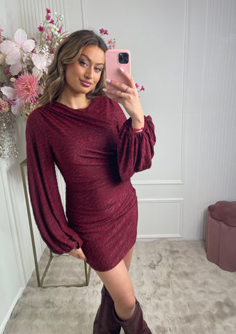 Amy bordeaux red draped print dress