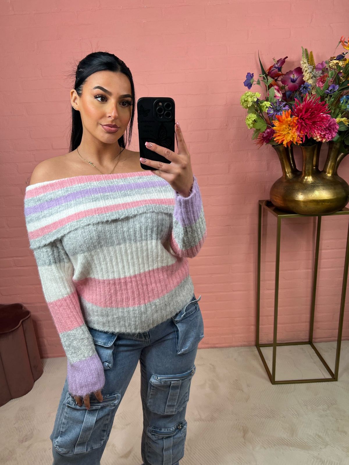 Stripes off shoulder knit sweater grey/pink